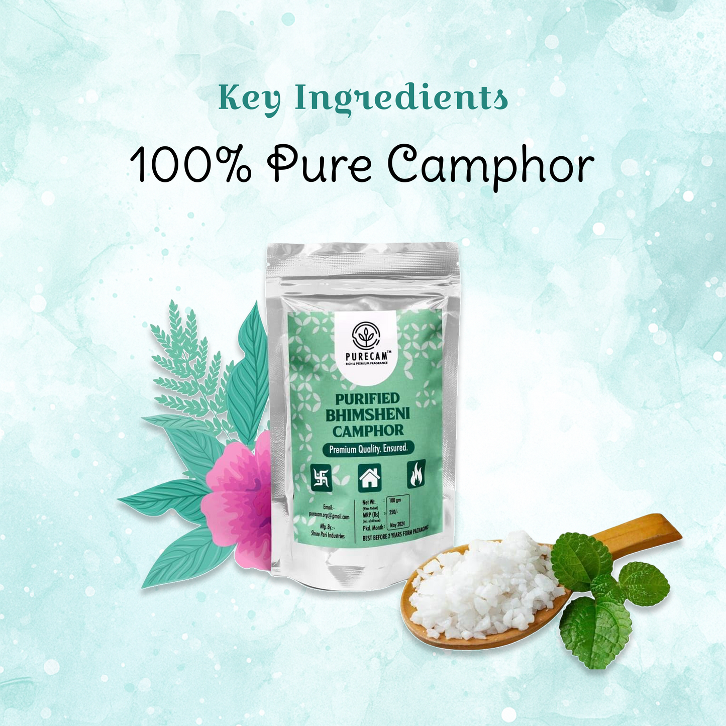 PURECAM Organic Bhimseni Camphor With Fragrance | 100% Natural & Pure | Infused with Mogra Fragrance | Ideal for Pooja, Havan, & Air Purification | Long-Lasting Floral Aroma | Chemical-Free & Safe Use 100g