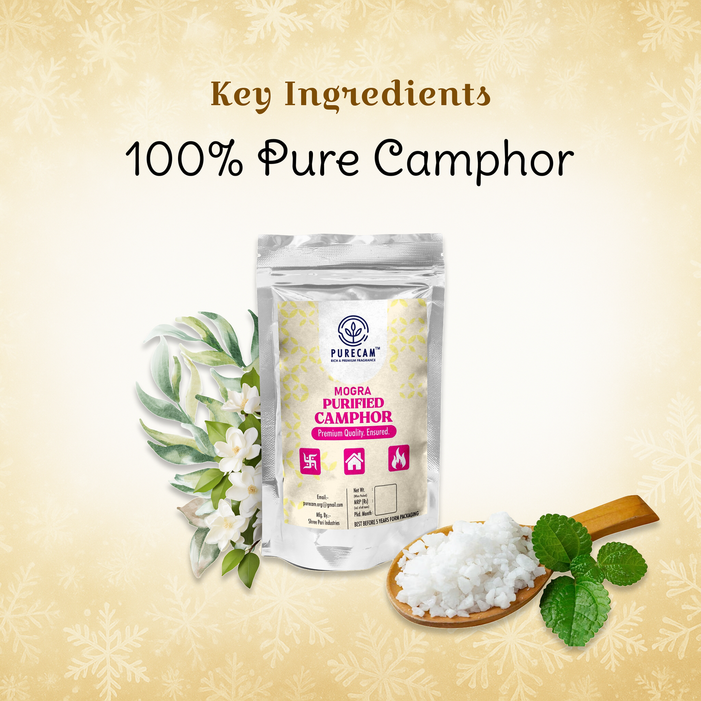 PURECAM Organic Bhimseni Camphor With Fragrance | 100% Natural & Pure | Infused with Mogra Fragrance | Ideal for Pooja, Havan, & Air Purification | Long-Lasting Floral Aroma | Chemical-Free & Safe Use 100g