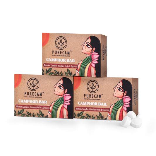 PURECAM Camphor Soap Bar 100g (Pack of 3) | Organic, Cooling & Long-Lasting