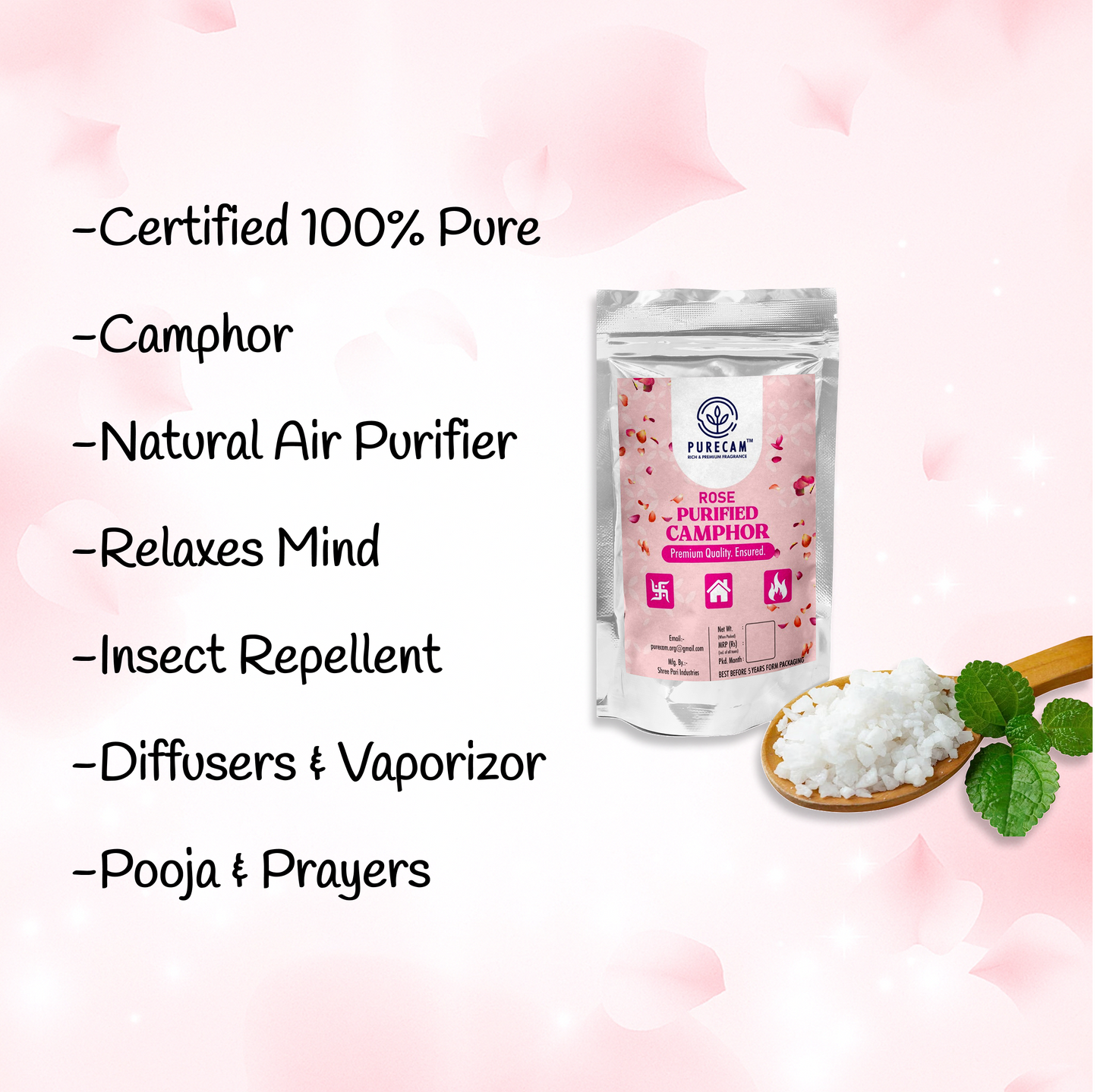 PURECAM Organic Bhimseni Camphor With Fragrance | 100% Natural & Pure | Infused with Mogra Fragrance | Ideal for Pooja, Havan, & Air Purification | Long-Lasting Floral Aroma | Chemical-Free & Safe Use 100g